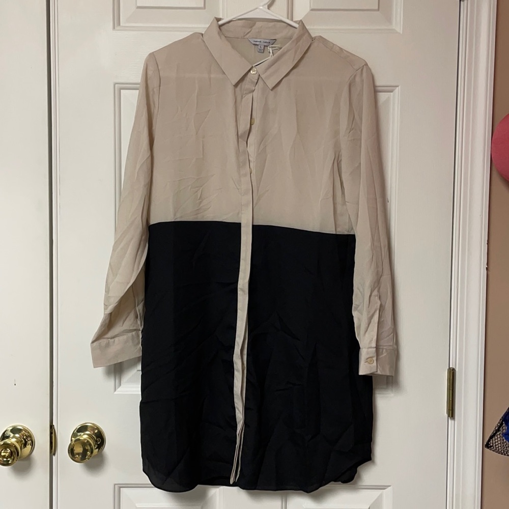 **NWT** Womens Large Naked Zebra Nude & Black Colorblock Button Down Blouse